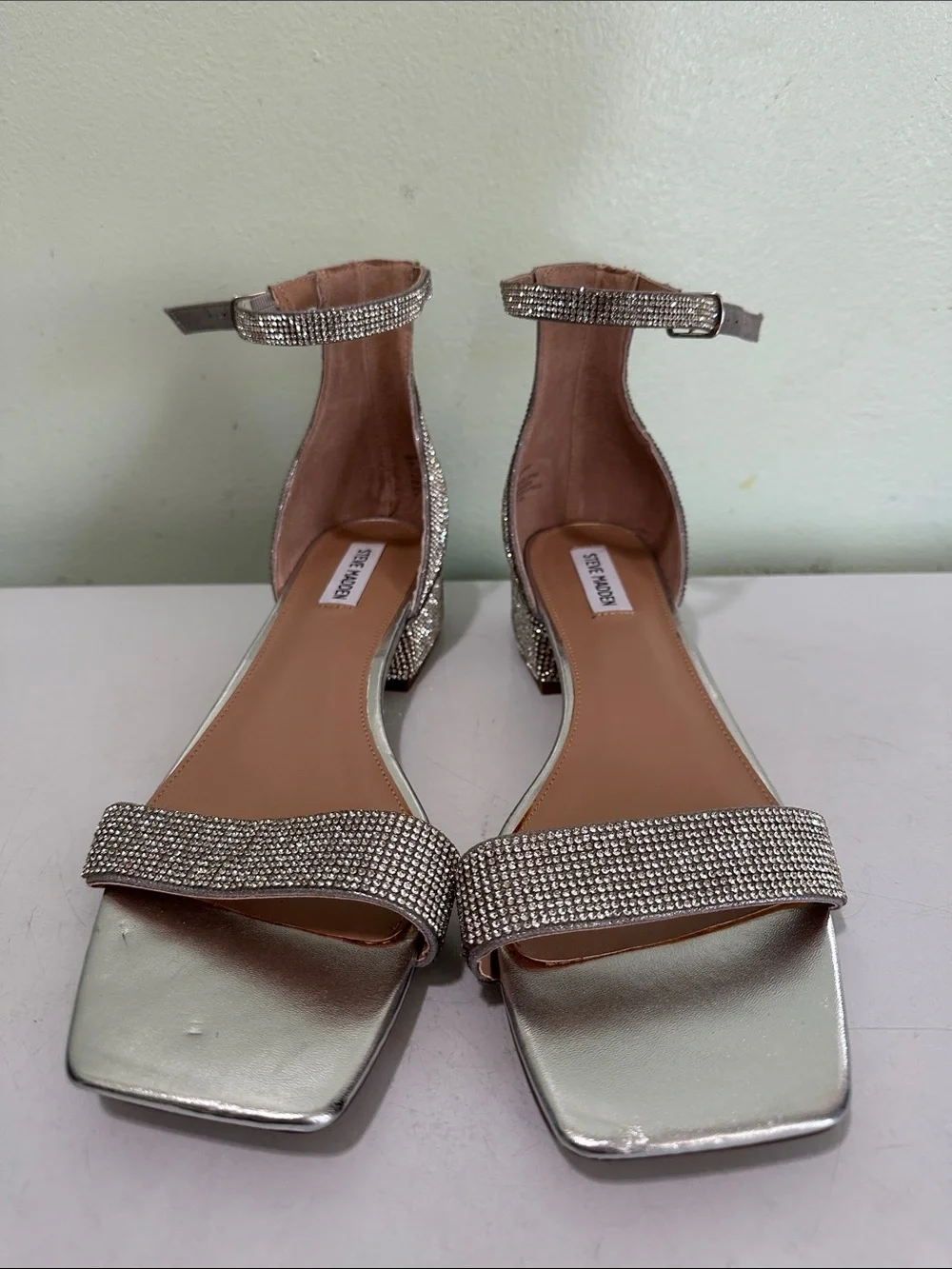 Steve Madden Silver Crystal Ankle-Strap Block Heels - Picture 2 of 5